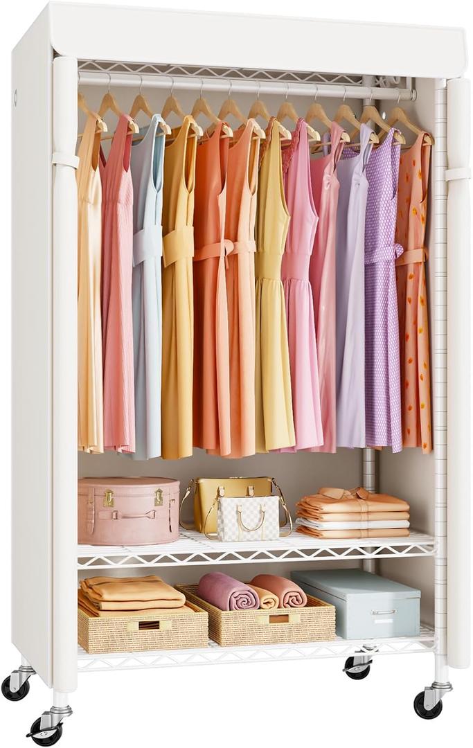 P6C Rolling Clothes Rack with Cover, Covered Clothing Racks Heavy Duty, Portable Closet for Hanging Clothes, Garment Racks on Wheels, White Closet Rack with White Cover, Max Load 365LBS