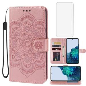 Case for Galaxy S22 Case, Samsung S22 SM-S901U Wallet Case with Tempered Glass Screen Protector, Mandala Leather Flip Credit Card Holder Stand Phone Cover for Samsung Galaxy S22 5G Rose Gold