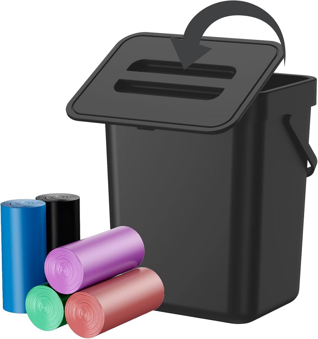 Compost Bin Kitchen, Bring 5 Rolls (100) of Garbage Bags, for Use on Countertops or Under Sinks, Hanging Trash Can with Lid, for Cupboard/Bathroom/Bedroom/Office/Camping(Black 0.8 Gallon/3L)
