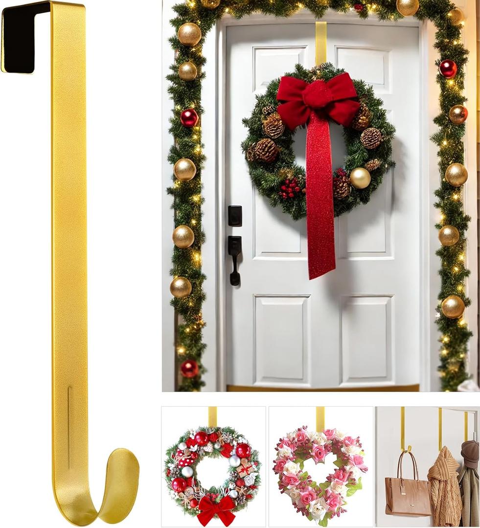 12" Metal Wreath Hanger for Front Door Non-Scratch, Damage-Free Wreath Hanger Heavy Duty, Over-the-Door Hooks for Hanging Welcome Sign, Wreath Holder for Easter, Halloween, Fall, Christmas Decorations (Gold)