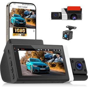 3 Channel Dash Cam Front and Rear Inside, 2.9'' 1080P Dash Camera for Cars,Three Way Triple Car Camera with App Control Super Night Vision,Wide Angle,Loop Recording,G-Sensor,24 Parking Monitor