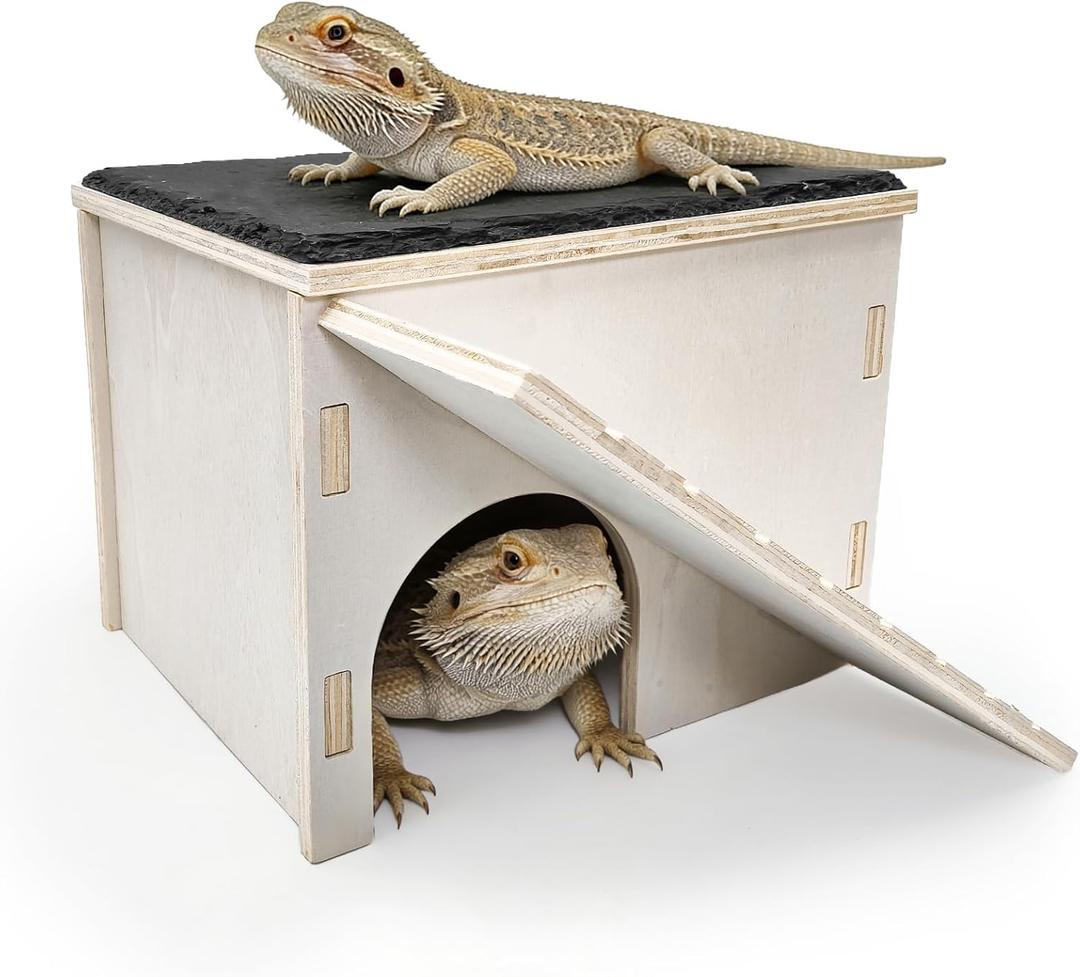 Large Bearded Dragon Basking Platform,Wooden Reptile Hide Cave with Slate Rock Climbing Ramp Tank Accessories for Leopard Geckos,Lizard,Snake,Tortoise (Medium)