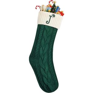 Mr. Pen- Christmas Stockings with Initials, 18", Letter J, Green and Cream, Cable Knit Stockings for Christmas, Cable Knit Christmas Stocking for Christmas, Large Knit Stockings Christmas