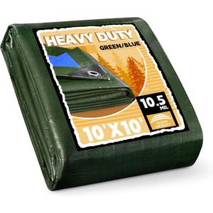 RAINDEWAY 10x10 Feet Tarps Heavy Duty Waterproof,10.5 Mil Outdoors Tarps,Multipurpose Poly Tarp Cover with Metal Grommets and Reinforced Edges for Roof,Camping,Patio,Carport,Boat,Green/Blue