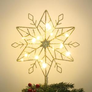 hogardeck Christmas Tree Topper, 10 Inches Lighted Gold Snow Tree Topper, 20 LED Lights Gold Glitter Powder Snowflake Tree Toppers Christmas Decorations, Battery Powered Timer Xmas Treetop Star Decor