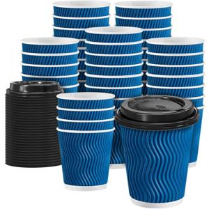 100 Pack Coffee Cups with Lids 8 oz, Disposable Insulated Ripple Wall To Go Paper Coffee Cups for Hot/Cold Drinks Office Home Shop Event (Navy)