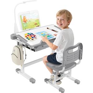 BIERUM Kids Desk and Chair Set - 55° Tiltable Student Desk, Ergonomic Widened Desktop Table with Painting Mat, Bookstand and 3 Modes LED Lamps for Kids Ages 3-12, Height Adjustable, Gray (Light Gray)
