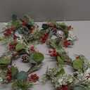 Winlyn 4 Pcs Artificial Eucalyptus and Snowy Cedar Candle Rings Christmas Candle Holder Rings Mini Window Wreaths 12.2" Wide with Red Berries Pine Cones for Holiday Winter Wedding Seasonal Decoration