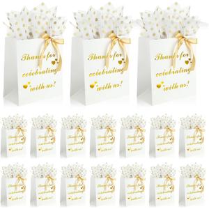 50 Pcs Wedding Gift Bags Bridal Welcome Bags with Ribbons Tissue Paper Wedding Favor Gold Foil Bags Thank You Gift Bags with Handles for Guest Birthday Party Baby Shower, 8 x 4.5 x 10 Inch (White)