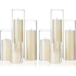 Shihanee Set of 8 Ivory Pillar Candles and Glass Cylinder Vases 4 Sizes Clear Cylinder Holders for Pillar Candles Home Table Centerpieces Decoration