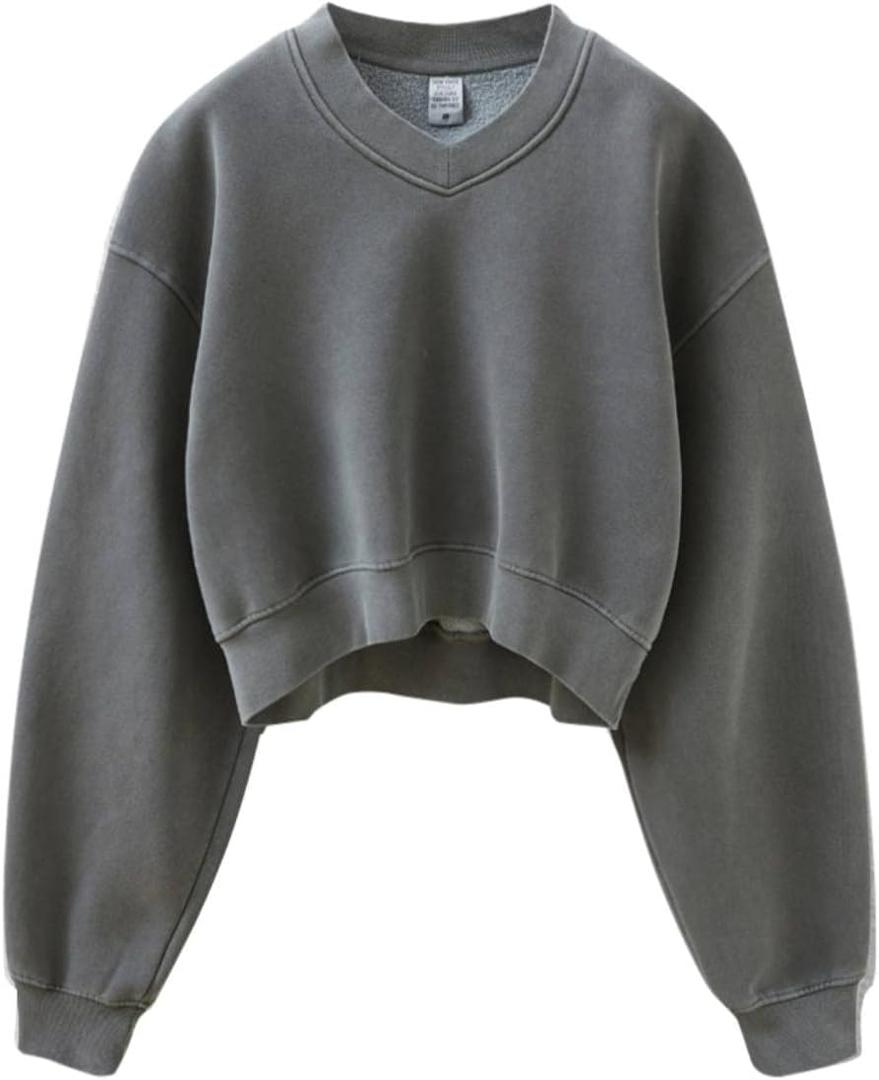 Acid Wash Athletic Hoodies Sweatshirt for Women Heritage Fleece V-neck Long Sleeve Hoodie Y2K Crop Pullover Women Sweatshirt Cotton Fleece Lined Hoodies Teen Workout Pullover Shirt Darkgray-XL