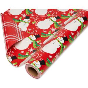 American Greetings Jumbo Reversible Christmas Wrapping Paper Roll, Red and White Holiday Gift Wrap, 175 Sq. Ft., 1 Extra Large Roll-30 In. x 70 Ft., Plaid and Snowmen