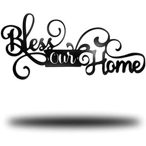 Ferraycle Wall Sign Bless Our Home Metal Decor Black Metal Wall Decorations for Bedroom Bless Our Home Word Art for Entryway Living Room Kitchen