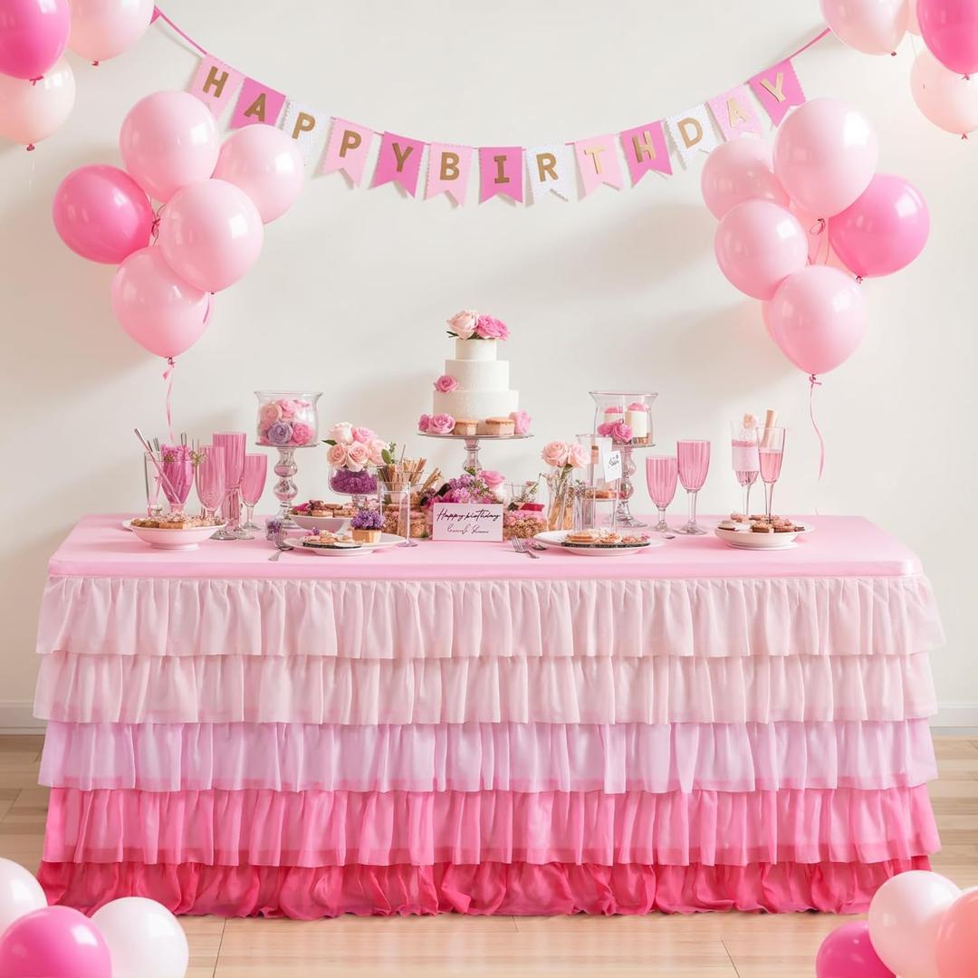 Besutolife Pink Ruffled Table Tutu - 6ft Baby Shower Birthday Party Unicorn Gradient Pink Table Decor