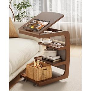 AQIMUELE Wooden C-Shaped End Table,Couch Desk with 2 Lockable Wheels,4-Tier Couch Table with Storage Bag,Small Rolling Side Table Tv Trays for Couch, Living Room,Bedroom (Walnut)