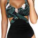 RXRXCOCO Women Front Cross CutOut One Piece Swimsuit Tummy Control High Waisted Monokini Bathing Suit (Large, 3 Black Flower)