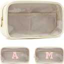 Fammart Clear Makeup Bag with 2 Customizable Chenille Letters - Waterproof PU Leather Cosmetic Case, Large Personalized Toiletry Pouch for Women & Teens, Ideal for Travel & Gift