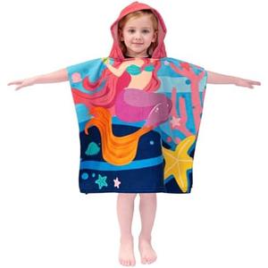 growell Hooded Kids Beach Towels - Toddler Bath Towel Girls Boys Swim Cover-ups for Ages 1 to 6 Kids Pool Towels Quick Dry Lightweight Soft Microfiber Poncho Towel 24x24 (Mermaid Starfish)