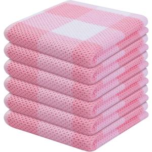 Homaxy 100% Cotton Waffle Weave Check Plaid Dish Cloths, 12 x 12 Inches, Super Soft and Absorbent Dish Towels Quick Drying Dish Rags, 6-Pack, White & Pink