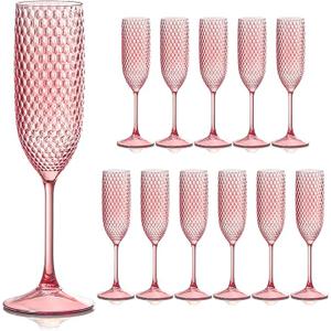 Plastic Champagne Flutes Champagne Glasses Unbreakable Wedding Toasting Glasses Reusable Diamond Wine Glasses Crystal Clear Party Wine Cups Vintage Drinking Glasses 5.5 OZ for Wedding (12, Pink)
