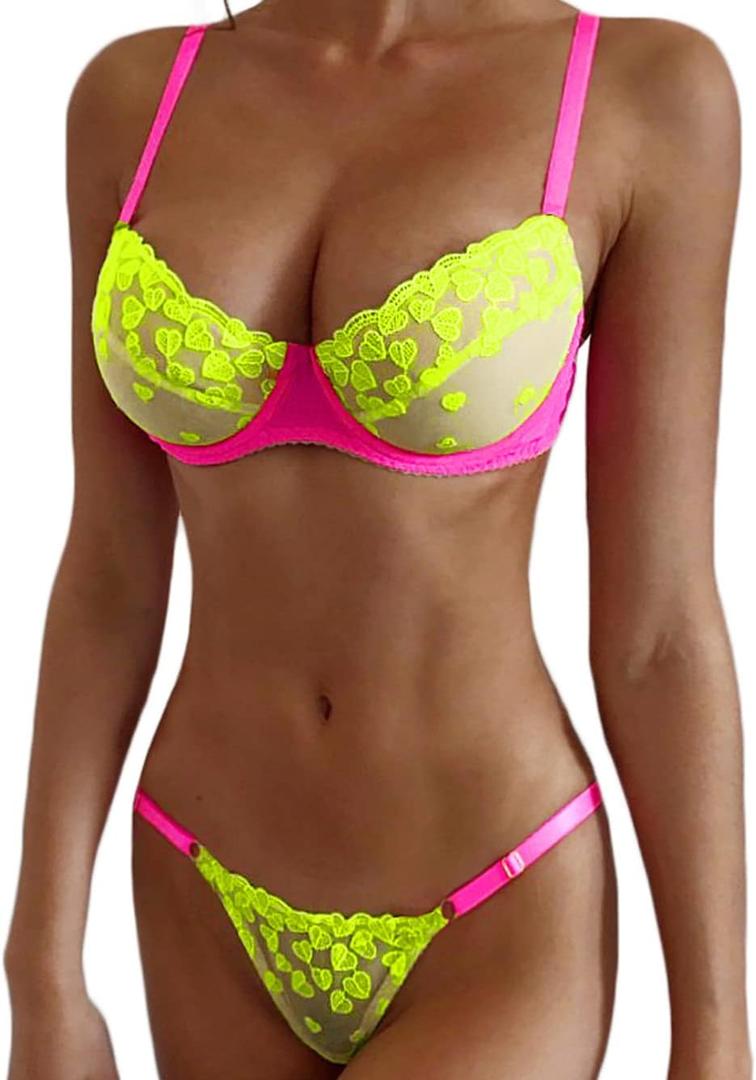 Kaei&Shi Glow In The Dark, Black Light, Heart Embroidered, Underwire Lingerie (12, Neon Green)