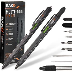 RAK Multitool Pen - Multi-Tool Pen Set 11 in 1, LED Light, Screwdrivers, Level, Ruler, Bottle Opener, and Stylus. Cool Gadgets Gifts for Men, Dad, EDC Tactical Pen Tool, Gift-Ready Box, Pack of 2