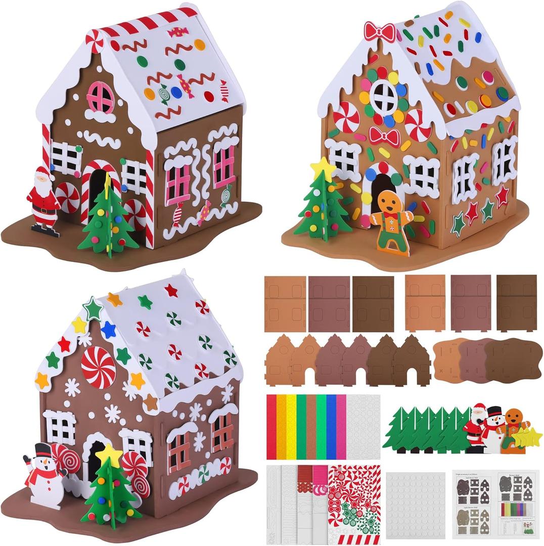 Elcoho 3 Sets of Gingerbread House DIY Craft Kit 3D Christmas Foam Stickers Decorations Party Crafts Decorations for Christmas Party Favors Project Art and Craft DIY Kit
