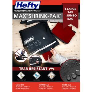 Hefty MAX Shrink-Pak Vacuum Seal Storage Bags for Clothing, Travel, Bedding | Tear-Proof, Dual-Valve Space Saver Compression Bags - 1 Large, 1 XL, 1 Jumbo