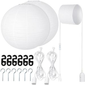 Rossesay 2 Sets Jumbo Paper Lanterns with Lamp Cord Cable White Hanging Paper Lanterns Chinese Japanese Pendant Hanging Lamp for Birthday Wedding Bridal Anniversary Party Decoration (Round,16 Inch)