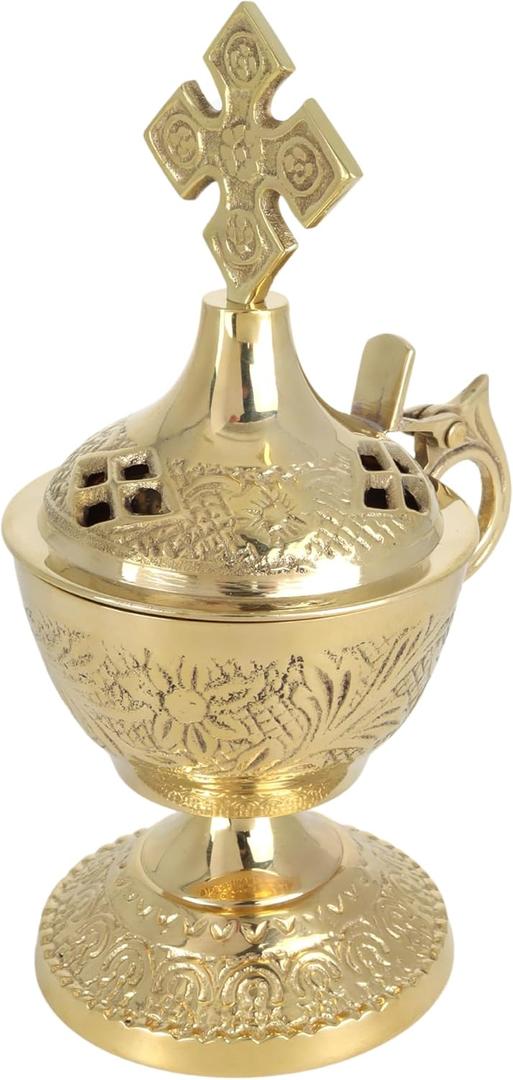 Needzo Brass Incense Burner with Lid, Catholic Church Supplies, 4 x 2.5 Inches