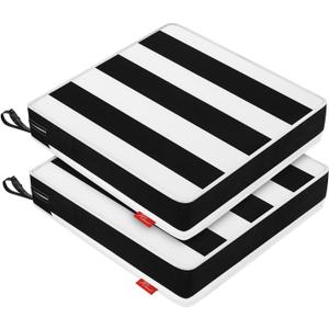 Patio Chair Cushions 22x22 Inch, Water Repellent Outdoor Seat Cushions with Adjustable Straps, Fade Resistant Replacement Cushions for Garden Deck Sofa Couch, Set of 2, Black White (Cabana Black Stripe)