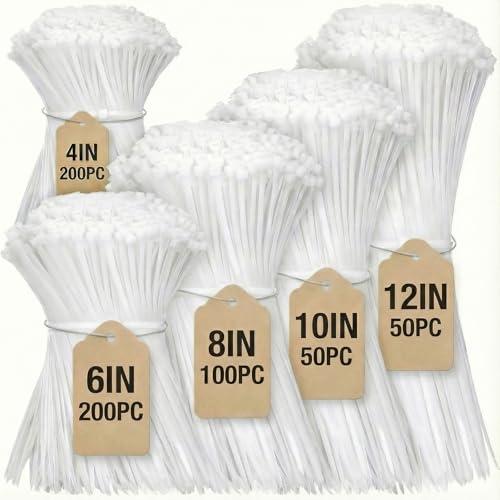 Cable Zip Ties,600 Piece Self-Locking Nylon Cable Ties,Assorted Sizes 4+6+8+10+12-Inch,Multi-Purpose Wire Management Plastic Ties,Perfect for Home,Garden,Office,Travel and Workshop.White