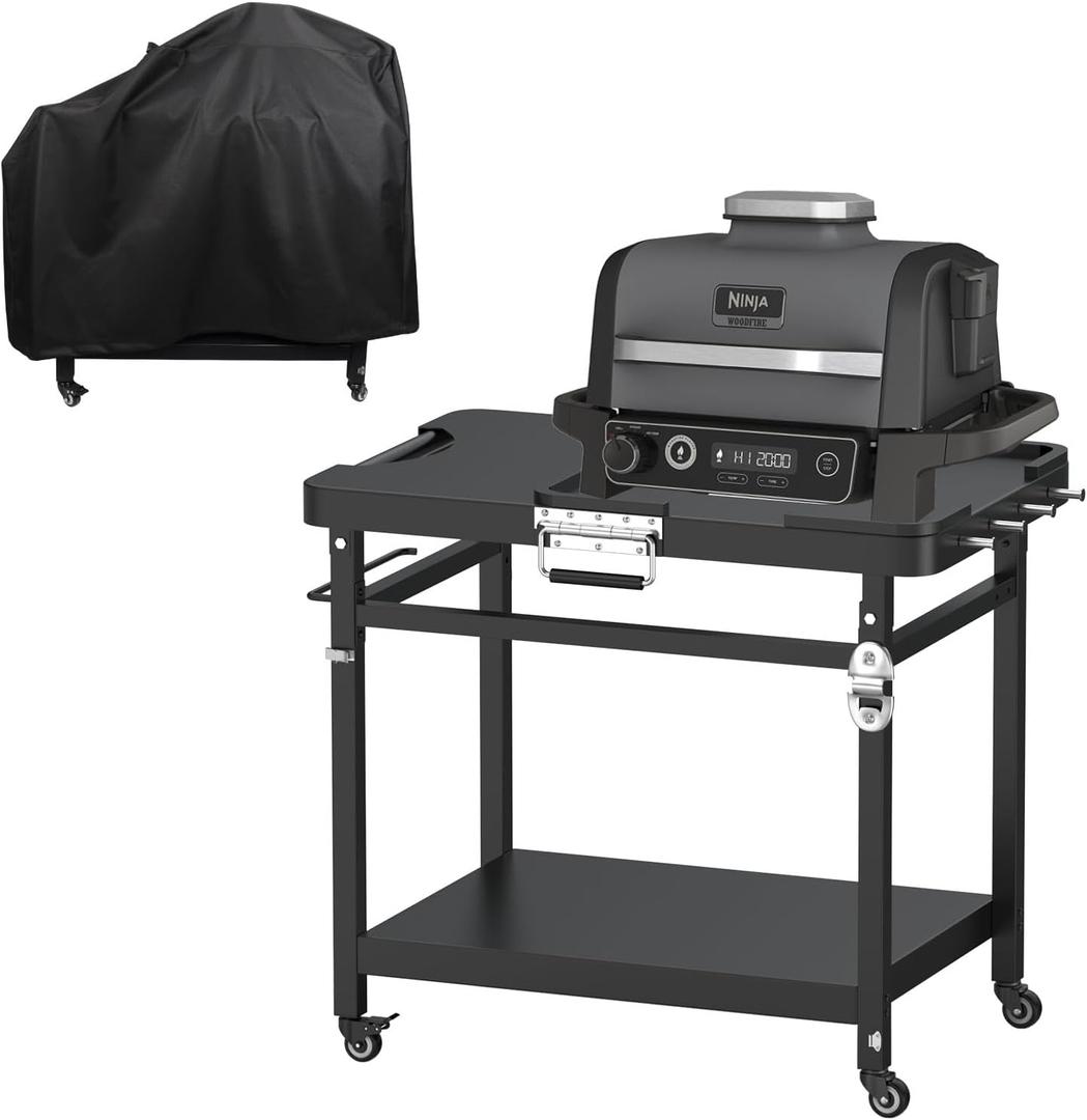 Universal Grill Stand for Ninja Woodfire Outdoor Grills,Portable Foldable Grill Cart Table for XSKUNSTAND OG700 OG800 OG900 OO101 SER Smoker Pizza Oven Accessories with 4 Wheels & Cover