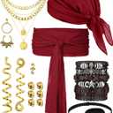31 Pieces Pirate Costume Accessories Women Pirate Hat Head Scarf Sash Belt Necklace Earrings for Cosplay Party (One Size, Wine Red)