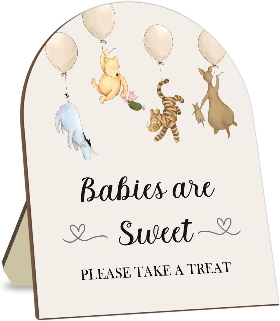 Winnie The Pooh Baby Shower Decoration Sign - Classic Pooh Babies are Sweet Please Take A Treat - 9 * 11IN, White/Brown 
