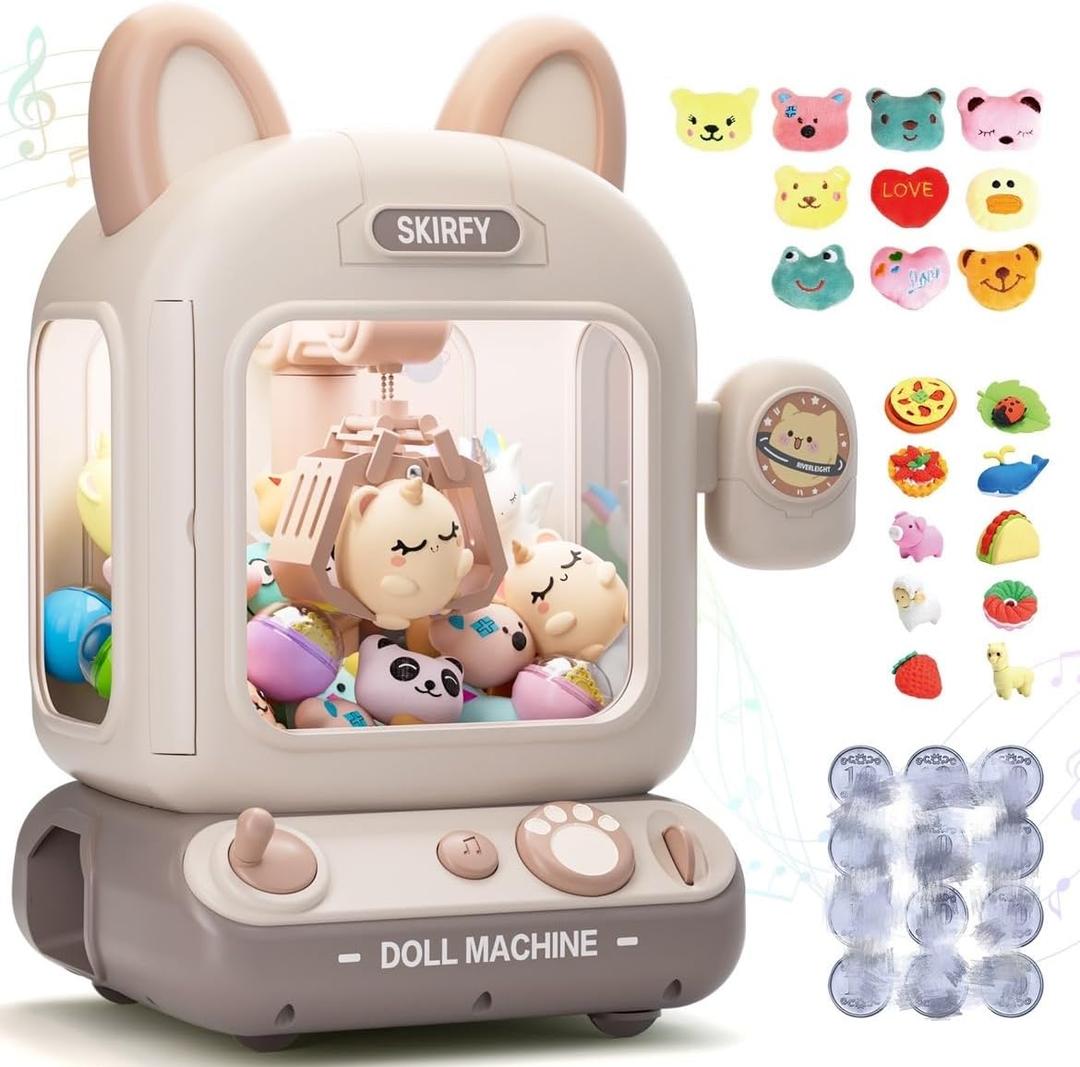 Skirfy Mini Claw Machine for Kids,Vending Machine, Prize Dispenser Toys for Girls and Boys, Electronic Game for Party Birthdays Includes 32 Mini Toys(Brown)