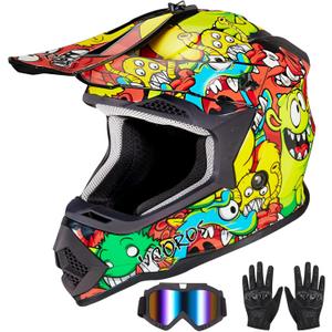 VCOROS Youth Kids Dirt Bike Helmets Motocross Street Offroad BMX MX ATV Dirtbike Motorcycle Helmet VS-905 with Goggles Gloves DOT Approved(Color Cartoon Bean, XL)