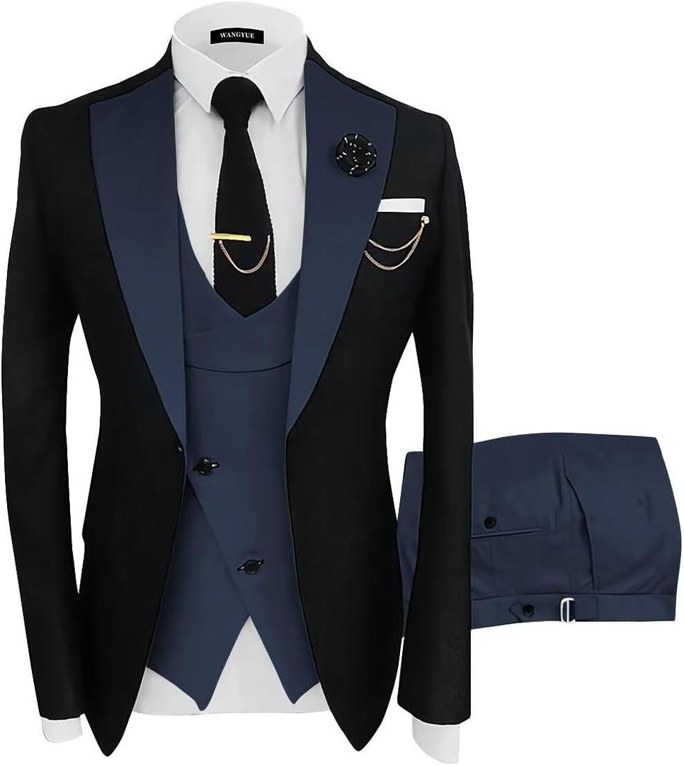 Wangyue Mens Suit 3 Piece Slim Fit Suits for Men Wedding Prom Tuxedo for Men Formal Business Suit (Large, Black-navy)