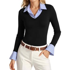 Tankaneo Womens Long Sleeve Polo Shirts Business Casual Work Tops Slim Fit V Neck Collared Patchwork Fall Outfits (Medium, Black)