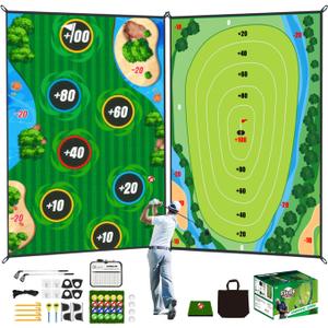Golf Chipping Game Mat Double Sided,54 pcs Golf Game Set with 65 FT Golf Practice Mat, Outdoor Indoor Hitting Games for Adults & Kids, Home Backyard Garage Game, for Family Gatherings