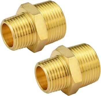 2 Pcs Solid Brass Hexagonal Pipe Fitting Thread Adapter Male Water Line Connectors