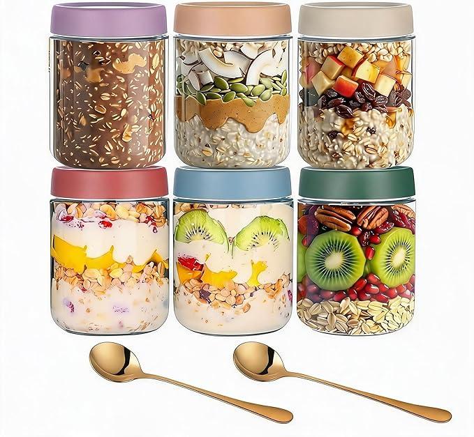 6 Pack Overnight Oats Containers with Lids - 16 oz (480ml) Glass Jars with Airtight Lids, Stackable Mason Jars for Yogurt, Chia Pudding, Meal Prep, Refrigerator & Freezer Safe