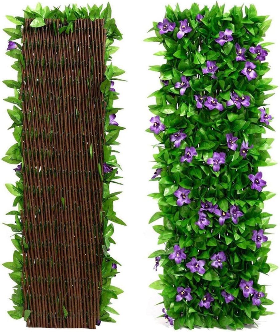 Doefo Expandable Artificial Garden Fence | Faux Ivy Privacy Fence Screen with Violet Flower, Realistic Decorative Patio Fence Greenery Backdrop for Backyard, Balcony, Outdoor (30x180cm (no light))