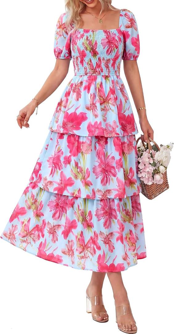 BTFBM Womens Square Neck Smocked Dress Summer Puff Short Sleeve Floral Casual Ruffle Tiered Maxi Wedding Guest Dresses (Floral Light Blue Pink)