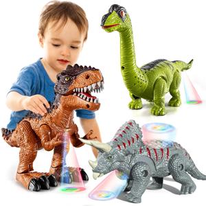 3 Pack Walking Dinosaur Toys for Kids 3-5 5-7 Years Old, Simulated Tyrannosaurus Brachiosaurus Triceratops with Sound & Light, Birthday Gifts Dino Toy for Toddlers Boys Girls 3 4 5 6 7 8 Years