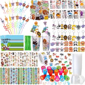 Poen 172 Pcs Jungle Party Favors Set Include Cup Straw Stamp Clap Bracelet Keychain Ring Puzzle Sticker Animal Miniature Card for Birthday Party Baby Shower Goody Bag Stuffer