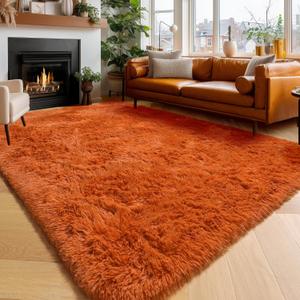Amdrebio Burnt Orange Area Rugs 9x12 for Living Room Bedroom, Large Fluffy Fuzzy Shaggy Furry Rug for Kids Room Decor Aesthetic, Big Cute Plush Shag Dark Orange Carpet for Classroom Playroom Nursery