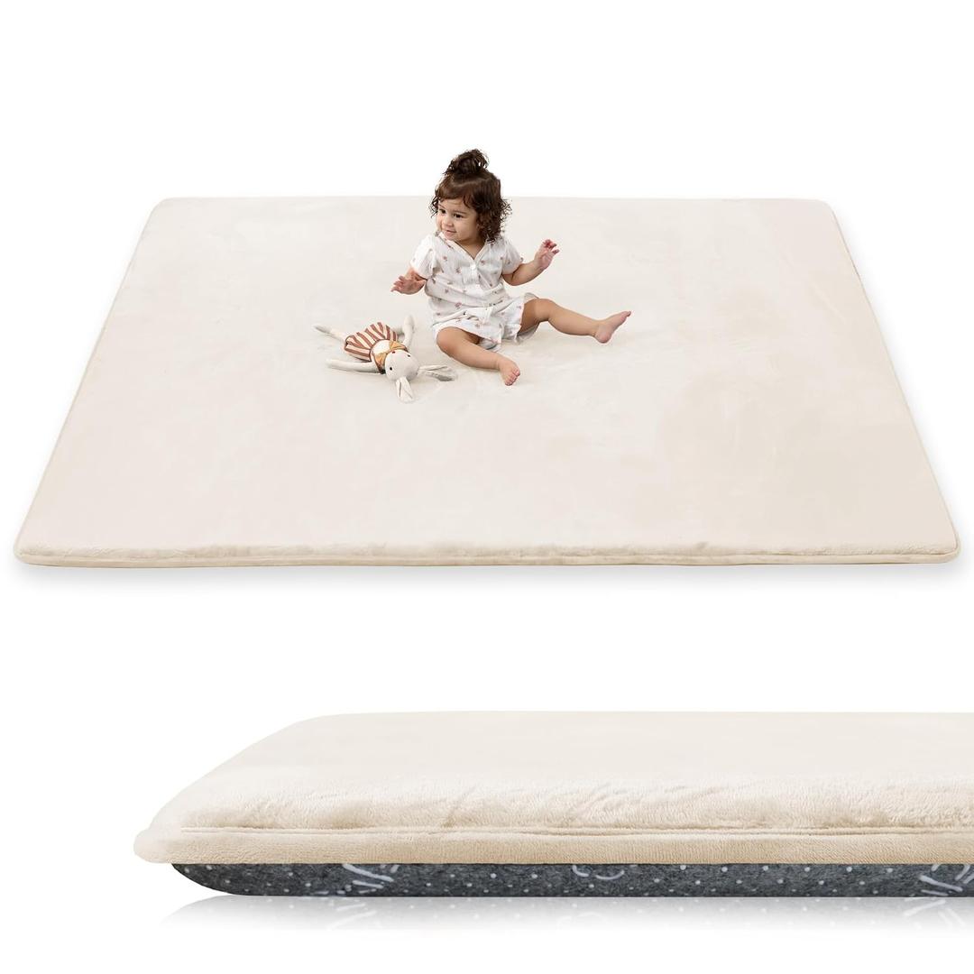 1.5" Thick Baby Play Mat for Floor, 59x79 Playpen Mat, Pro Soft Flannel Foam Mats Toddler Infant Kids Crawling for Nursery Rug Playroom Living Room Waterproof Easy Care Non-Slip (Beige)