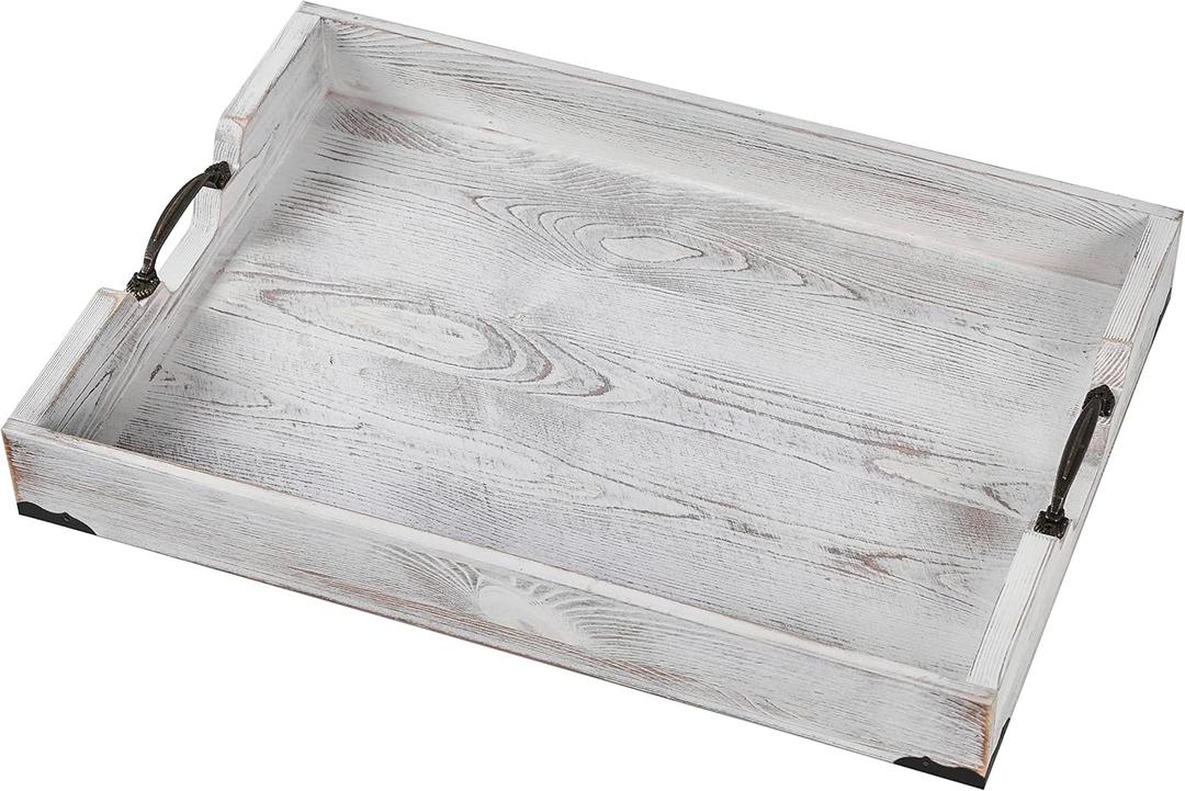 Large Wood Rectangular Serving Tray 20 x 14 Inch Rustic Wooden Ottoman Tray with Metal Handle and Wrapped Corners, Wood Coffee Table Tray Solid Pine Decorative Tray Whitewashed Large Wood Rectangular Serving Tray 20 x 14 Inch Rustic Wooden Ottoman Tray with Metal Handle and Wrapped Corners, Wood Coffee Table Tray Solid Pine Decorative Tray Whitewashed