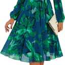 Zattcas Women's 2026 Spring Mesh Long Sleeve Floral Midi Dress Crew Neck A Line Flowy Cocktail Party Wedding Guest Dress, Size S (Green)